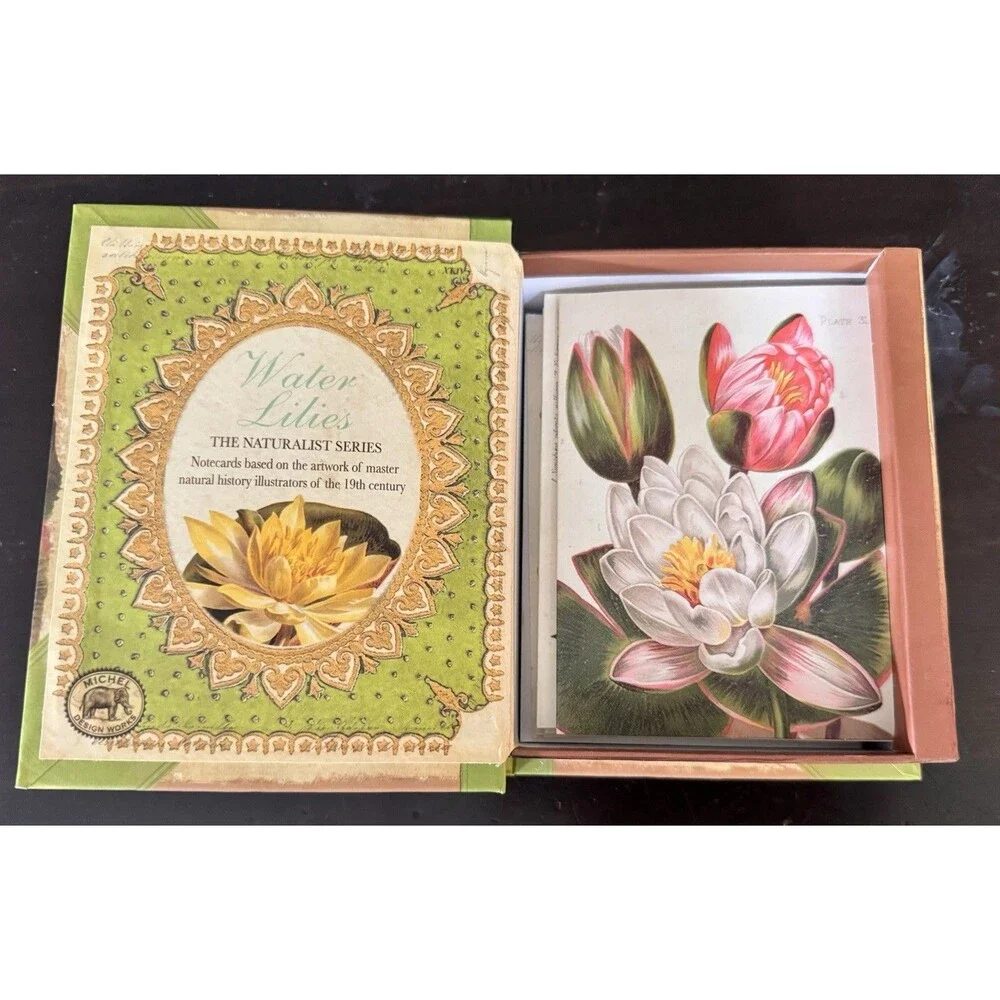 VTG 2006 Michel Design Works 14 Cards - 12 Envelopes Storage Box Water Lilies
